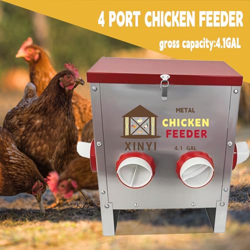 25lbs Metal Chicken Feeder, 4 Ports Galvanized Feeder, Goat Proof Auto Chicken Feeder, Weatherproof Chicken Food Dispenser System for Outdoor Coop,4.1 Gallon - size: 4 ports without legs