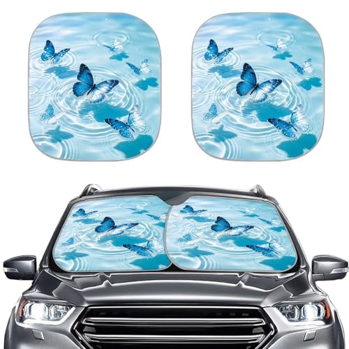 2 PCS Car Windshield Sun Shade Blue Butterfly Auto Sunshades Sunshade Visor Auto Sun Heat and UV Rays Blocker Foldable Automotive Accessories for Summer Heat UV - color: Blue Butterfly Print
