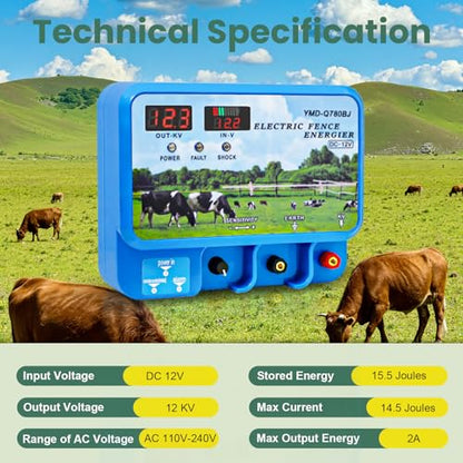 15.5J Electric Fence Charger, 15.5 Joules 600 Acres, Input 12V Output 12KV