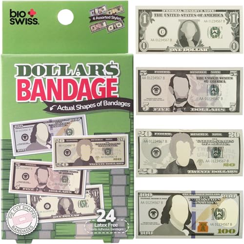 BioSwiss Bandages, Money Shaped Self Adhesive Bandage Set, Latex Free, Sterile Wound Care, 24 Count - color: Money, size: 24-Count Box