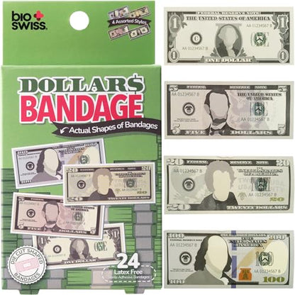 BioSwiss Bandages, Money Shaped Self Adhesive Bandage Set, Latex Free, Sterile Wound Care, 24 Count - color: Money, size: 24-Count Box