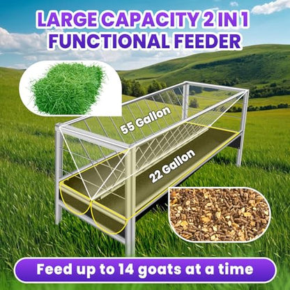 Pasture Feeder with Rubber Pan, 77 Gallon Large Capacity, 2-in-1 Stainless Steel Design for Goats, Sheep, Horses, Easy to Clean