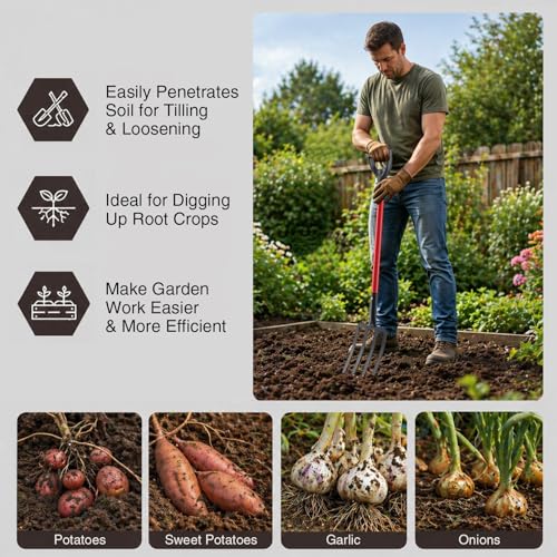 Heavy Duty Garden Fork, 4-Tine Digging Fork with Ergonomic Fiberglass Handle, Pitch Fork, 44 Inch Spading Fork for Compost, Mulch, Hay & Soil