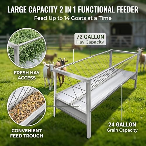 Goat Feeder, 96 Gallon Hay Feeder Goat with Detachable Grain Pan, Heavy Duty Stainless Steel Goat Hay Feeder, Suitable for Goats, Sheep, Horses, Easy Assembly in Farm, Silver Finish