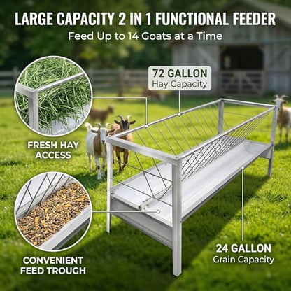 Goat Feeder, 96 Gallon Hay Feeder Goat with Detachable Grain Pan, Heavy Duty Stainless Steel Goat Hay Feeder, Suitable for Goats, Sheep, Horses, Easy Assembly in Farm, Silver Finish