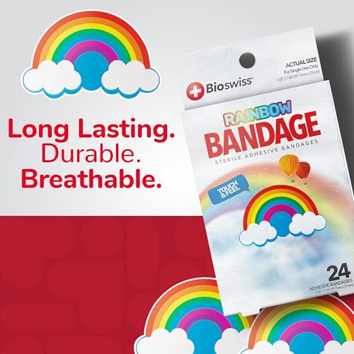 BioSwiss Bandages, Rainbow Shaped Self Adhesive Bandage Set, Latex Free, Sterile Wound Care, 24 Count - color: Rainbow, size: 24-Count Box