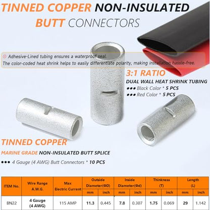 SVAAR 10PCS 4 Gauge Butt Connectors 4 AWG Non-Insulated Crimp Butt Splice Connectors,Tinned Copper Seamless Barrel Uninsulated Splice Terminals for 4 Ga. Wire Repair W/10 3:1 Adhesive Heat Shrink Tube - size: 4 AWG