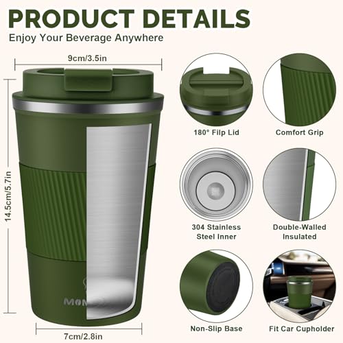 MOMSIV 12oz Travel Coffee Mug, Insulated Coffee Cup with Leak Proof Lid - color: B-Dark Green-12oz