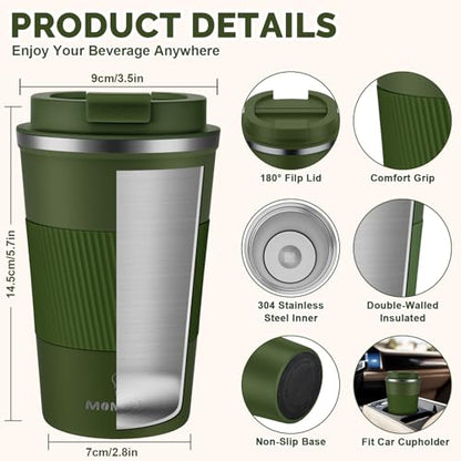 MOMSIV 12oz Travel Coffee Mug, Insulated Coffee Cup with Leak Proof Lid - color: B-Dark Green-12oz