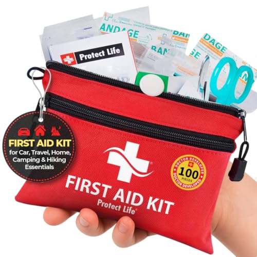 Protect Life Travel First Aid Kit for Car - Small Mini Emergency Kit, 100 Piece Waterproof First Aid Kit for Home, Camping, Boat & Hiking - Includes Emergency Blanket & First Aid Guide - size: 100 Pieces