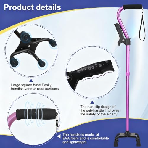 Stand Secure Cane with Stand Up Assist Handle for Elderly, 4 Prong Adjustable Walking Canes for Seniors Women and Men, Non-Slip Wide Base, Aluminum Foldable Stand Cane - color: Light Purple