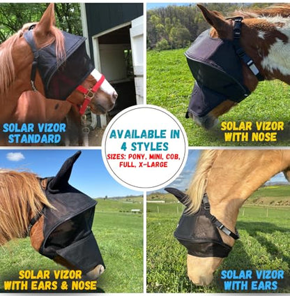 Solar Vizor Horse Fly Mask with Ear and Nose (Size Pony), Innovative Design - 100% UV Eye Protection for Horses with Uveitis, Photosensitivity, Ulcer, Head Shaking, Protects from Flies, Insects, Dust - size: PONY
