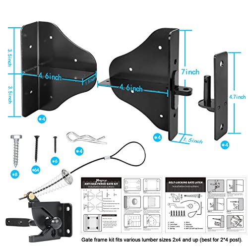 Fence Gate Kit Gate Hardware with Gate Latch for Single and Double Doors - Updated 90 Degree Right Angle Gate Hinges - Anti Sag Gate Kit - Gate Corner Brace Bracket (2 Set) - size: No Sag Gate Kit 2 Set