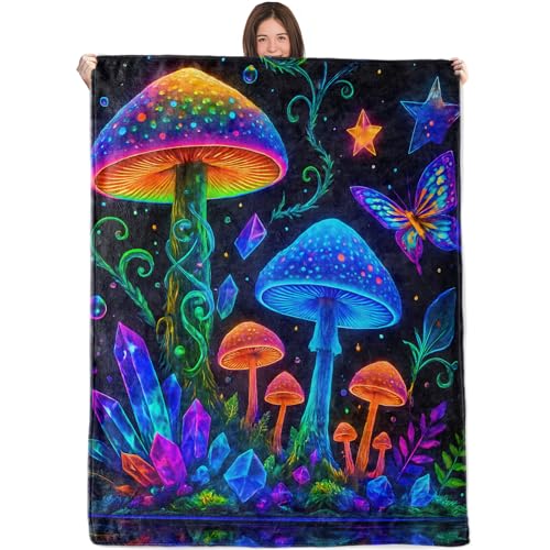Neon Mushroom Crystal Blanket,40x50in,Cozy Flannel Throw with Fantasy Forest Glowing Color and Butterfly Design,Soft Lightweight Gifts Blankets for Kids,Sofa Bed Travel Country Rustic Decor - color: Mushroom 02, size: 50"x40"