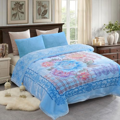 JML Plush Fleece Blanket 87" x 94", 10.5 Pounds Korean Style Mink Blanket King Size for Winter - Soft and Warm, 2 Ply A&B Printed Embossed Raschel Bed Blanket (Blue Flowers) | 2 Ply, A&B Printed, Embossed, Reversible, Plush, Silky Soft, Thick, Warm for Wi