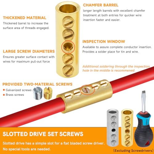 2 Gauge Wire Butt Connectors 6 PCS Brass Mechanical Butt Splice Connectors Kit 2 AWG Mechanical Repair Splice Kit Splice Screw Sleeves 6 PCS Mechanical Splices & 3:1 Heat Shrink Tubes - size: 2 Gauge, style: Mechanical Splice - Bare Pure Brass
