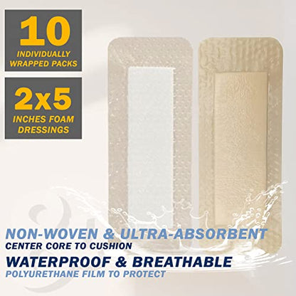 EVERLIT Care Silicone Foam Dressing with Adhesive Border | Highly Absorbent Hypoallergenic Bandages for Chronic Wounds, Bed Sores, Pressure Ulcers | Gentle & Secure Adhesion (2" x 5" | 10 Pack) - size: 2" x 5" | 10 Pack