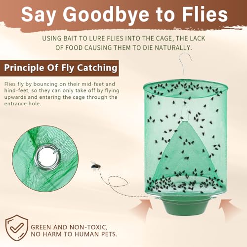 6 Pack Hanging Ranch Fly Traps, Reusable Fly Catcher, The Most Efficient Fly Cage Trap for Indoor & Outdoor Use, Ideal for Family Farms, Parks, Restaurants