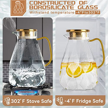 Glass Pitcher, 2.2 Liter Water Pitcher With Lid | Iced Tea Pitcher for Fridge,Carafe With Lid, Glass Water Jug For Juice, Milk, Cold Or Hot Beverages, 2 Quart - size: 74.4 Ounces