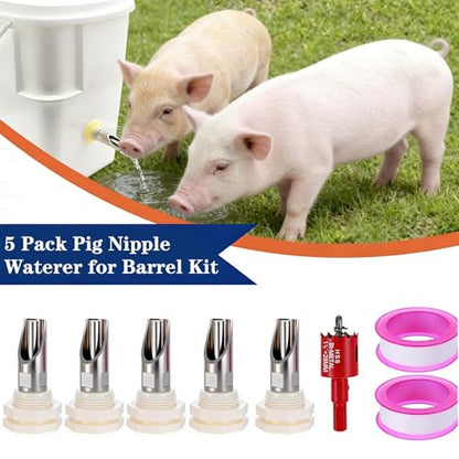 5-Pack Pig Water Nipple，Pig Nipple Waterer for Barrel Kit，Automatic Pig Nipple Drinkers Kit，Piglets Nipple Feeders for Hog Goat Sows Piglets