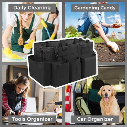 SCAVATA Wearable Cleaning Caddy Organizer with Handle & Shoulder Straps for Housekeepers, Under Sink & Car Cleaning Tool Organizer Bag with 4 Foldable Dividers (Black) - color: Black
