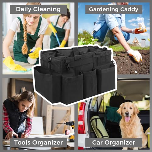 SCAVATA Wearable Cleaning Caddy Organizer with Handle & Shoulder Straps for Housekeepers, Under Sink & Car Cleaning Tool Organizer Bag with 4 Foldable Dividers (Black) - color: Black