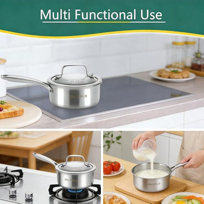 DELARLO Full-body Clad Tri-ply Stainless Steel 1.5 Quart Saucepan with Lid - color: Silver, size: 1.5QT/SS