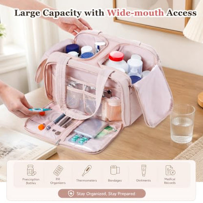 Travel Medicine Storage Bag with 2 Compartments, Wide-Mouth Medical Organizer, Puffy Lightweight First Aid Bag for Prescription Bottles, Pill Cases, Medical Supplies & Family Emergency Essentials - color: Pink