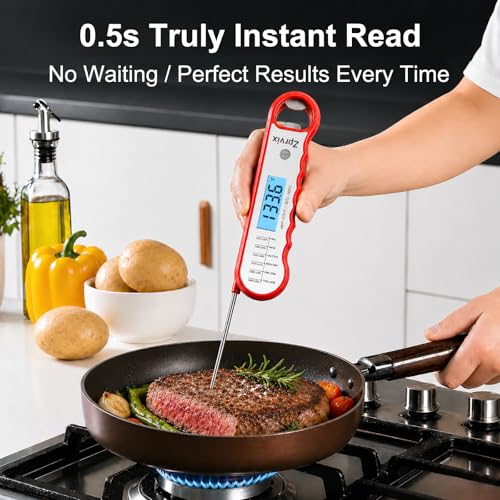 0.5s Instant Read Meat Thermometer Digital, Cooking, ±0.5°F Accuracy - color: Silver & Red