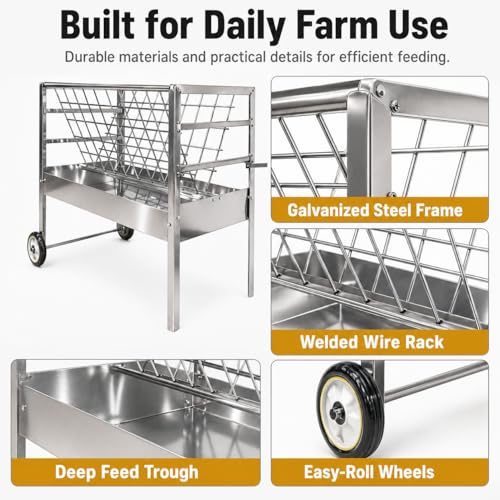 Portable Goat Feeder – Rolling Galvanized Steel Frame, 2 in 1 Hay & Grain Feeder, 30 Lb Unit Weight, Livestock Feeder with Wheels, Great for Sheep, Alpaca & Cattle