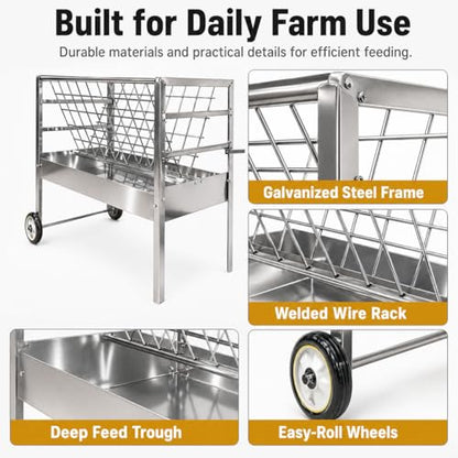 Portable Goat Feeder – Rolling Galvanized Steel Frame, 2 in 1 Hay & Grain Feeder, 30 Lb Unit Weight, Livestock Feeder with Wheels, Great for Sheep, Alpaca & Cattle