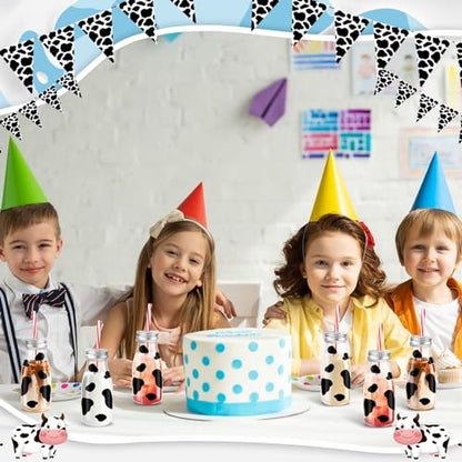 SiliFine 24 Set 7 oz Mini Milk Bottles with Straws Lids, Cow Print Stickers