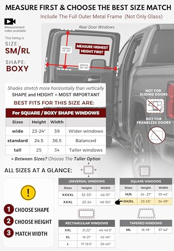 SM/RL Car Window Shades for Baby & Camping; 2-Pack/8 Sizes. Stretch-to-Fit Up to H:24" x W:39" Rear Windows. Blocks 96.25% UV Tested, Breathable Full-Coverage Mesh Bug Screens | Qualizzi® - size: SM/RL - Boxy