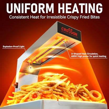 CROSSON French Fry Food Warmer, Commercial French Fry Heat Lamp Electric Stainless Steel Fries Dump Station Countertop 5-Level Adjustable Heating Duration for Food Truck Restaurant Parties 600W