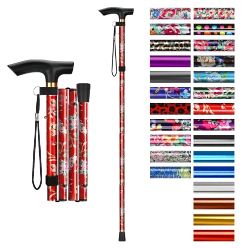 supregear Folding Cane, 5-Level Adjustable Height Walking Stick Lightweight Collapsible Portable Travel Cane with Wrist Strap and T Handle for Elderly Disabled Men Women - color: Red Floral