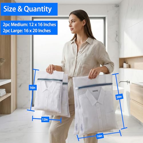 4Pcs Mesh Laundry Bags Delicates Lingerie Wash Washer Washing Machine Bag | 2 Medium 12 x 16 Inches & 2 Large 16 x 20 Inches