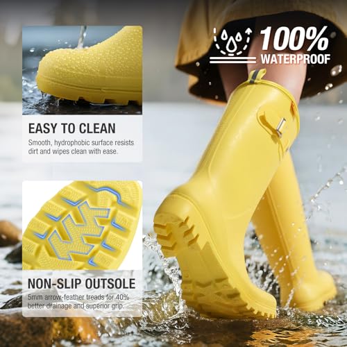 HISEA Women Rain Boots Slim Calf Tall Waterproof Tight PVC Rubber Rainboots - color: Yellow-slim Calf, size: 7