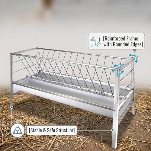 VOHALA 92 Gallon Hay and Grain Feeder for Goats, Galvanized Steel 2-in-1 Livestock Feeder with 37 Gallon Feed Pan, Heavy Duty Freestanding Hay Rack for Sheep, Easy Assembly for Outdoor Farm Use