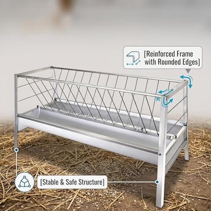 VOHALA 92 Gallon Hay and Grain Feeder for Goats, Galvanized Steel 2-in-1 Livestock Feeder with 37 Gallon Feed Pan, Heavy Duty Freestanding Hay Rack for Sheep, Easy Assembly for Outdoor Farm Use