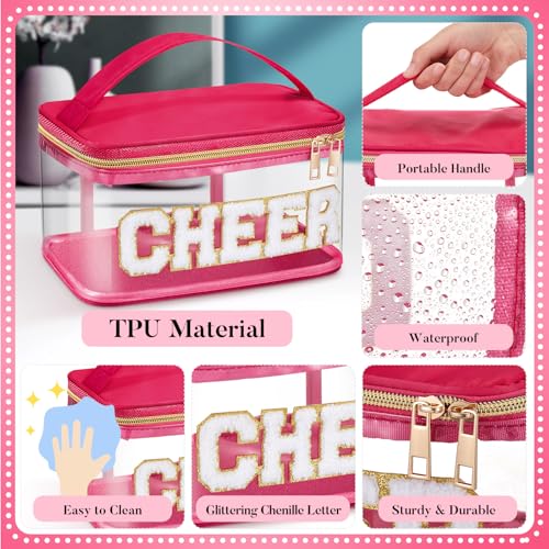 Geetery Medicine Pill Bag Clear Cosmetic Makeup Bag with Zipper Hot Pink | Transparent PVC with Nylon Trim, Chenille Cheer Patch, Portable Travel Organizer for Pills Cosmetics, Gold Zipper - color: Hot Pink, style: Cheer