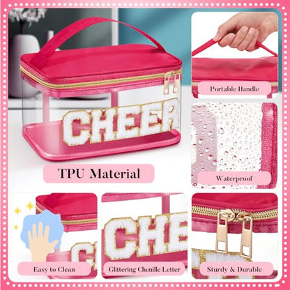 Geetery Medicine Pill Bag Clear Cosmetic Makeup Bag with Zipper Hot Pink | Transparent PVC with Nylon Trim, Chenille Cheer Patch, Portable Travel Organizer for Pills Cosmetics, Gold Zipper - color: Hot Pink, style: Cheer