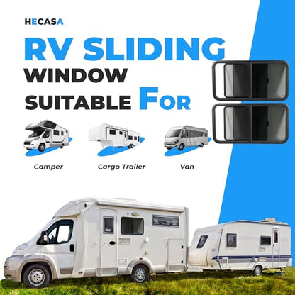HECASA RV Window 42" W X 22" H Teardrop Horizontal Sliding Window W/ Trim | Ring for 1.5" Wall and Mesh Screen Tempered Glass Powder Coated Black 2PCS - size: 42" W x 23" H