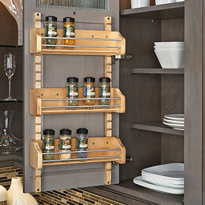 Rev-A-Shelf Wall Storage Organizer for Kitchen Cabinets, Door-Mounted Spice Rack with 3 Adjustable Shelves, Maple Wood, 4ASR-21 - size: 16.13" W