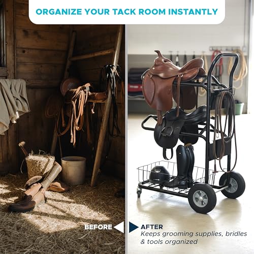 Homestead 220 Lbs Rolling Saddle Rack Cart with Basket – Heavy Duty Saddle Stand for Western Horse Gear, Organizers and Storage for Tack Room, Bridle, Horse Lovers, Cowboy - 3 Tier Saddle Rack Carts - size: 220 Lbs