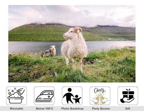 5x3ft Fjord Sheep Backdrop White Wool Sheep Green Grass Lakeside Misty Stratified Mountain Photography Background Tapestry Party Nordic Pastoral Decorations Photo Booth Props - size: 5x3ft