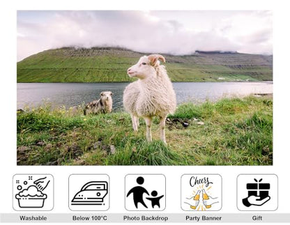 5x3ft Fjord Sheep Backdrop White Wool Sheep Green Grass Lakeside Misty Stratified Mountain Photography Background Tapestry Party Nordic Pastoral Decorations Photo Booth Props - size: 5x3ft