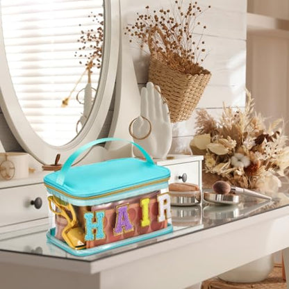 Geetery Chenille Clear Makeup Bag, Green Hair Bag Cosmetic Case Nylon Makeup Portable Preppy Patch with Handle Zipper Toiletry Storage Case Waterproof Pink Hair Patch for Women - color: Green, style: Hair
