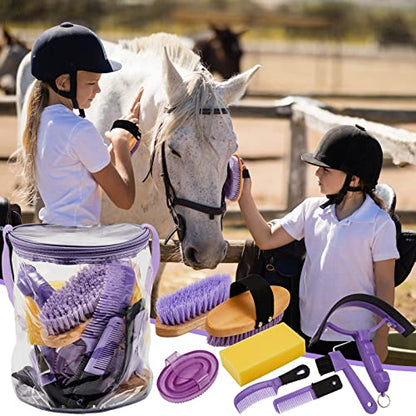 Cunhill 9 Pcs Horse Grooming Kit with Bag Curry Brushes,Cute,Purple - color: Purple, style: Cute