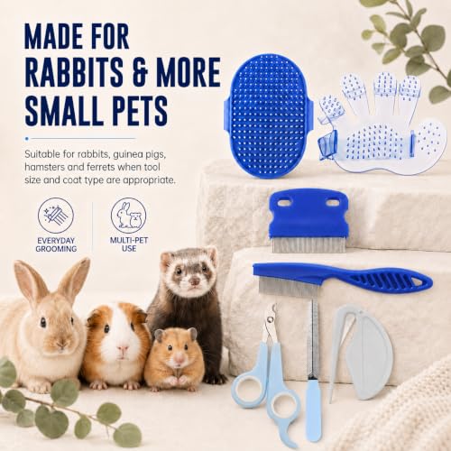 Rabbit Grooming Kit, 7-Piece Bunny Brush and Nail Care, Blue | 7 tools for loose fur, combing, light tangles and nail care; for rabbits, guinea pigs, hamsters and ferrets - color: Blue