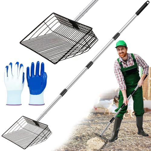 10 inch Large Chicken Poop Scooper for Sand for Shavings 74" Heavy Duty Pooper Scooper Long Handle Chicken Coop Scoop for Cleaning Tools and Rake 5-in-1 Sifting Shovel for Chicken Scoop supplies - color: 10 inch